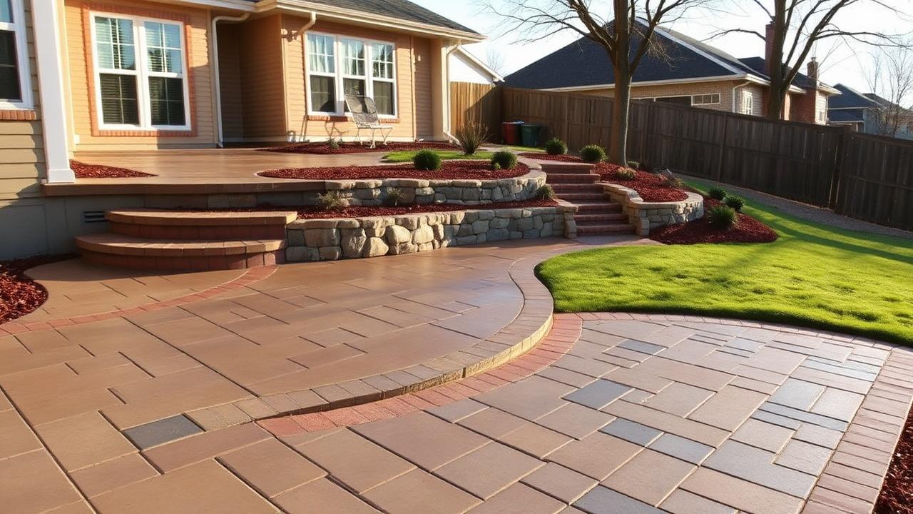 Paver patio with curved stone retaining wall and steps