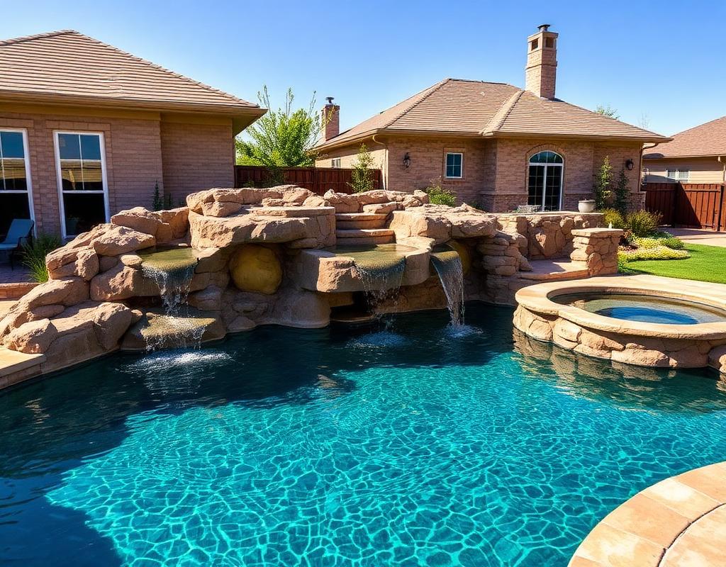 Freeform pool with rock grotto waterfall and spa