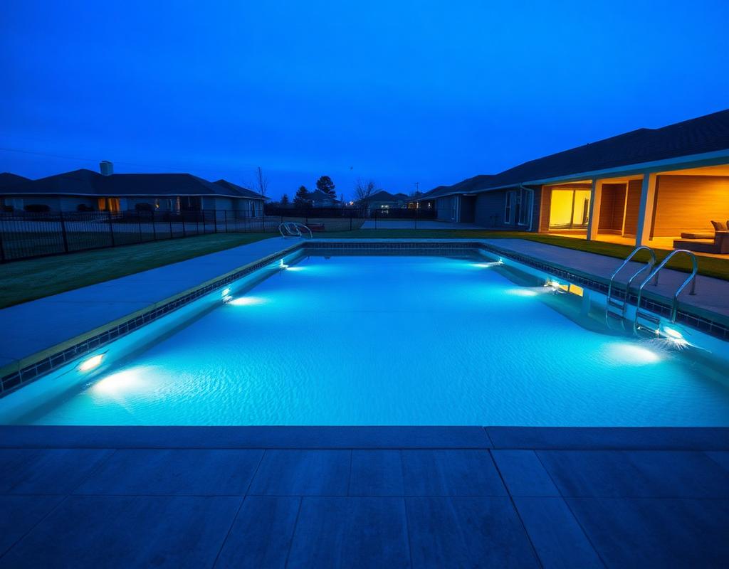 Modern lap pool with underwater lights at blue hour