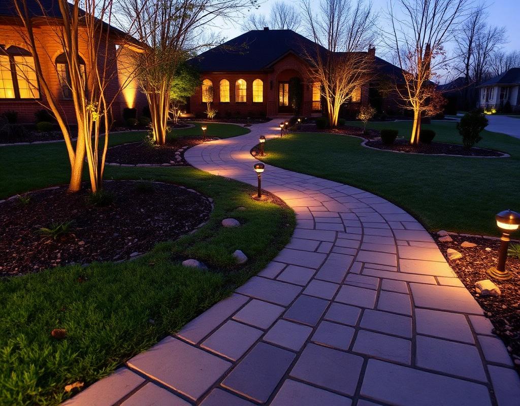 Flagstone walkway with landscape lighting at dusk