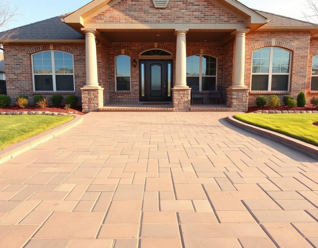 Paver driveway and front entry on brick home
