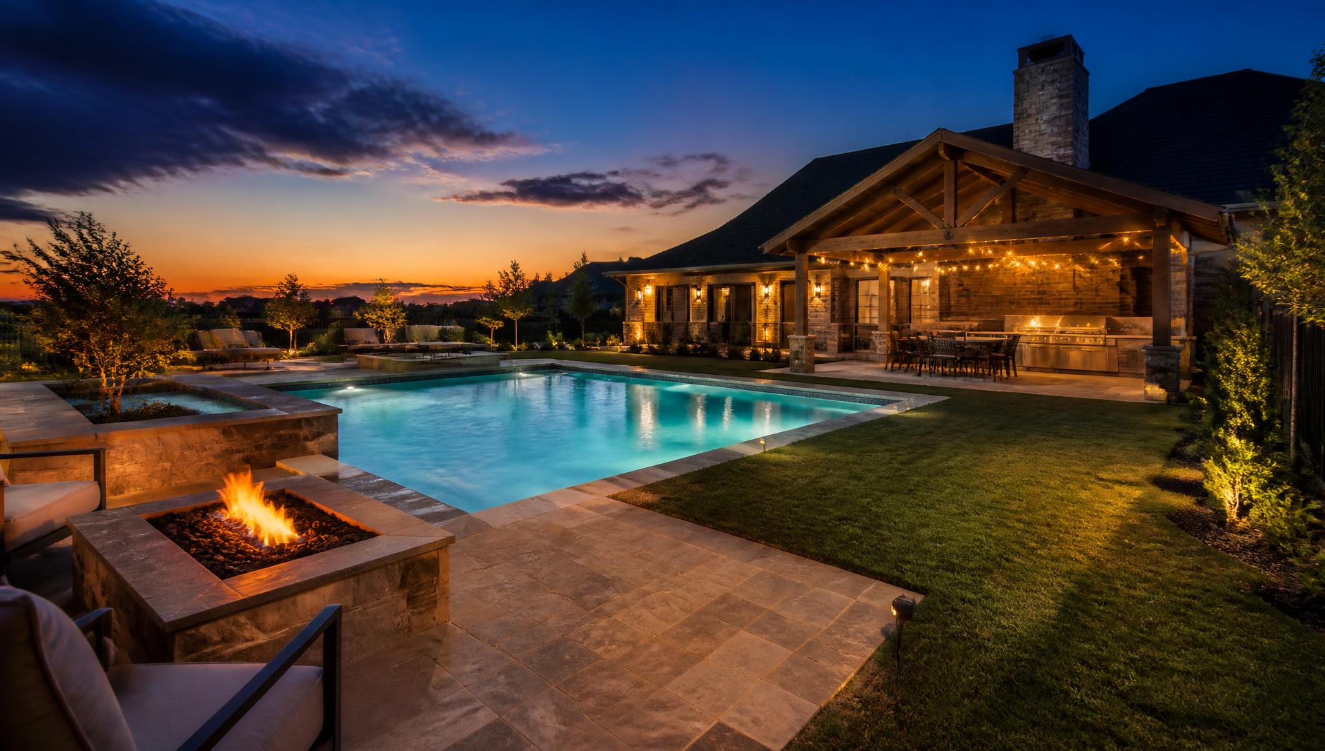 Finished Oklahoma City backyard with pool, pergola kitchen, and fire pit at dusk